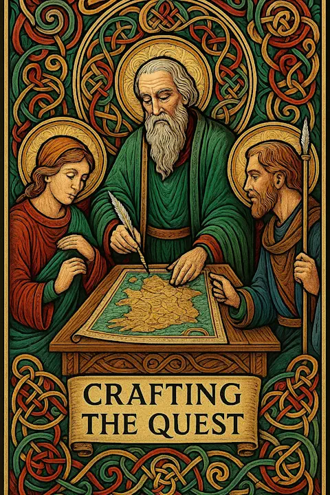 A richly detailed medieval-style illustration titled 'Crafting the Quest,' featuring three figures around a large parchment map of Ireland. At the center, an elder in green with a golden halo uses a quill to mark the map, flanked by a young woman in red and green and a man with a staff in blue robes. The scene is framed with vibrant Celtic knotwork in red, gold, green, and teal, creating a reverent, scholarly atmosphere.