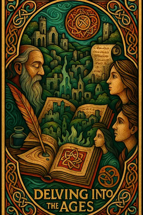 An abstract medieval-style illustration titled 'Delving into the Ages,' depicting an ancient open book from which a glowing, mystical landscape of Celtic ruins and green hills emerges. A scholar with a quill sits to the left, while on the right, three faces gaze into the unfolding scene. A scroll with indecipherable script and a red sun with knotwork patterns hover above the dreamlike vista, all enclosed in ornate Celtic borders of green, red, and gold.