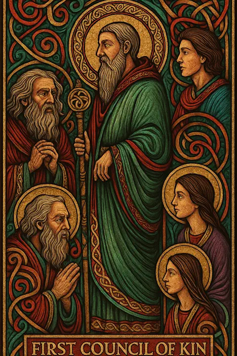 An ornate medieval-style illustration of a Celtic council, featuring five figures in flowing robes surrounded by intricate knotwork. A central bearded elder with a staff stands authoritatively, flanked by two elderly men and two younger listeners, one male and one female. All figures are adorned with golden halos, set against a backdrop of swirling red, green, and gold Celtic patterns. At the bottom, a banner reads 'First Council of Kin'.