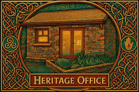A Celtic-style illustration titled 'Heritage Office,' depicting a stone cottage framed by intricate knotwork in gold, teal, red, and green. The structure has a central glass door and a single-paned window, with lush greenery in front. Decorative emblems, including a triskelion and stylized hand, appear in the corners, evoking Irish tradition and ancestral craftsmanship.
