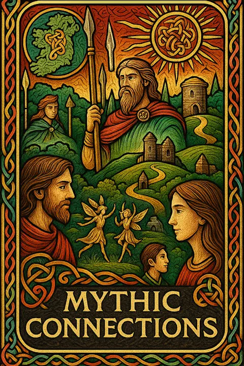 A vivid Celtic-style illustration titled 'Mythic Connections,' featuring a tapestry of mythological and ancestral imagery. In the center, a heroic figure resembling C  Chulainn holds a spear under a radiant sun inscribed with knotwork. Dancing faeries, ancient ruins, and a winding path through green hills appear beneath, with a map of Ireland and symbols of kinship surrounding the scene. Male and female figures gaze meaningfully into the landscape, framed by bold red, green, and gold knotwork.